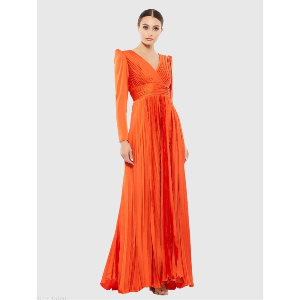 Mac Duggal Faux Wrap Long Sleeve Pleated Satin Orange Gown